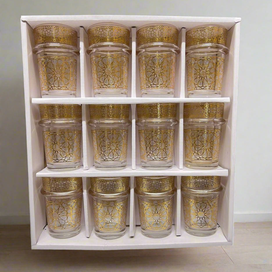 Verres à Thé Marocains en Verre Doré – Set Raffiné pour Service de Thé