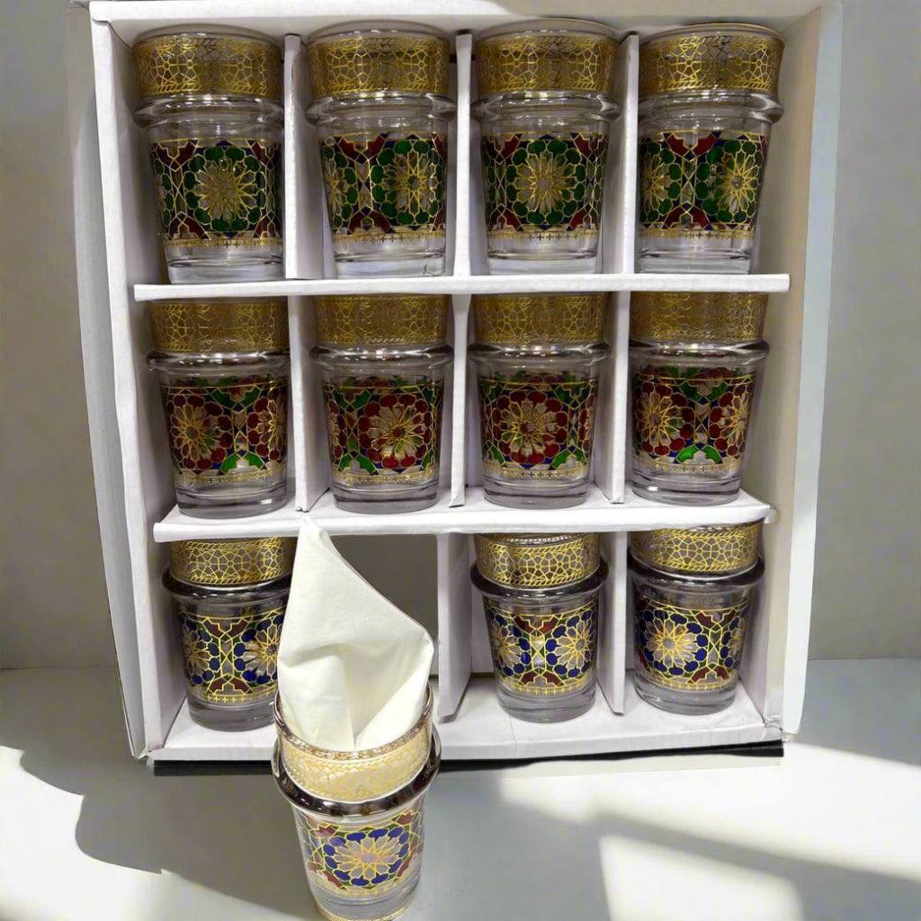 Verres à Thé Marocains en Verre Doré – Set Raffiné pour Service de Thé