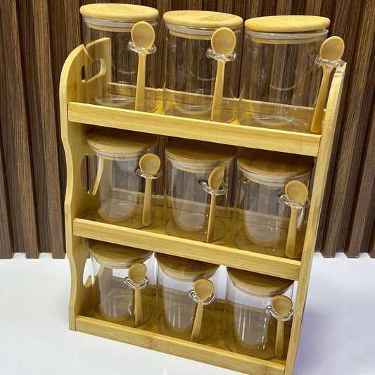 Service à Épices en Verre et Bois – 9 Pièces